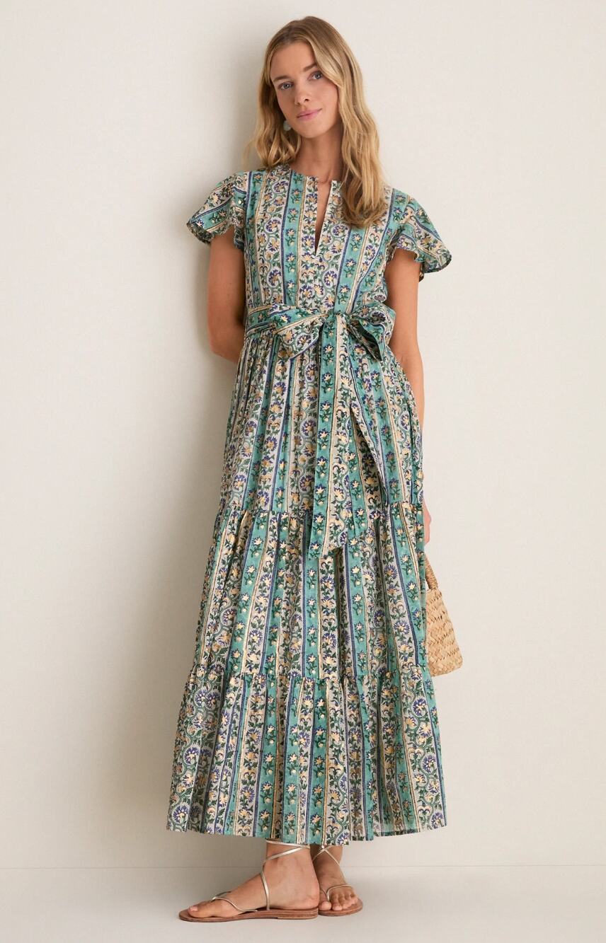 OLIPHANT Tuckernuck Taj Aqua Gold V-Neck Maxi Tie Waist Tiered Dress NEW M